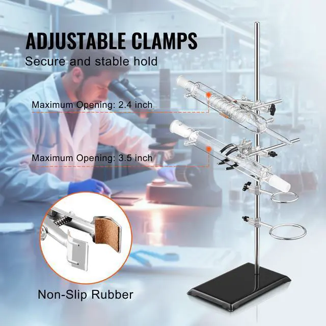 Alt view image 4 of 7 - Lab Stand Support, Laboratory Retort Support Stand 2 Sets, Steel Lab Stand 23.6" Rod and 8.3" x 5.3" Cast Iron Base, Includes Flask Clamps, Burette Clamps and Cross Clamps