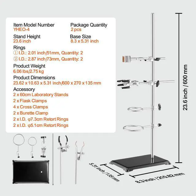 Alt view image 7 of 7 - Lab Stand Support, Laboratory Retort Support Stand 2 Sets, Steel Lab Stand 23.6" Rod and 8.3" x 5.3" Cast Iron Base, Includes Flask Clamps, Burette Clamps and Cross Clamps