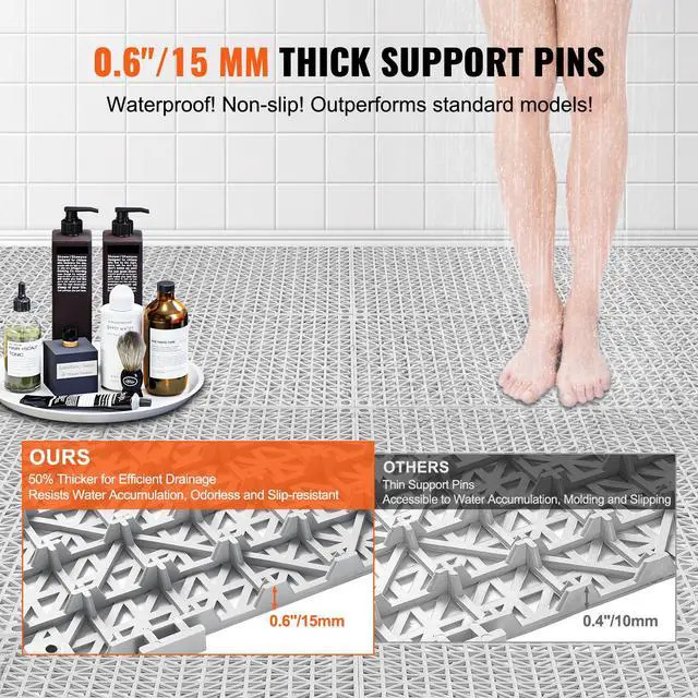 Alt view image 2 of 7 - Modular Interlocking Cushion, 12 Pack 12" x 12" Splicing Drainage Mats, Soft PVC Interlocking Drainage Floor Tiles, Non-Slip Drainage Holes for Restroom, Bathroom, Kitchen, Pool, Wet Areas, Gray
