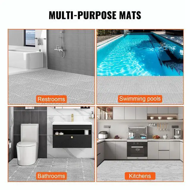 Alt view image 6 of 7 - Modular Interlocking Cushion, 12 Pack 12" x 12" Splicing Drainage Mats, Soft PVC Interlocking Drainage Floor Tiles, Non-Slip Drainage Holes for Restroom, Bathroom, Kitchen, Pool, Wet Areas, Gray