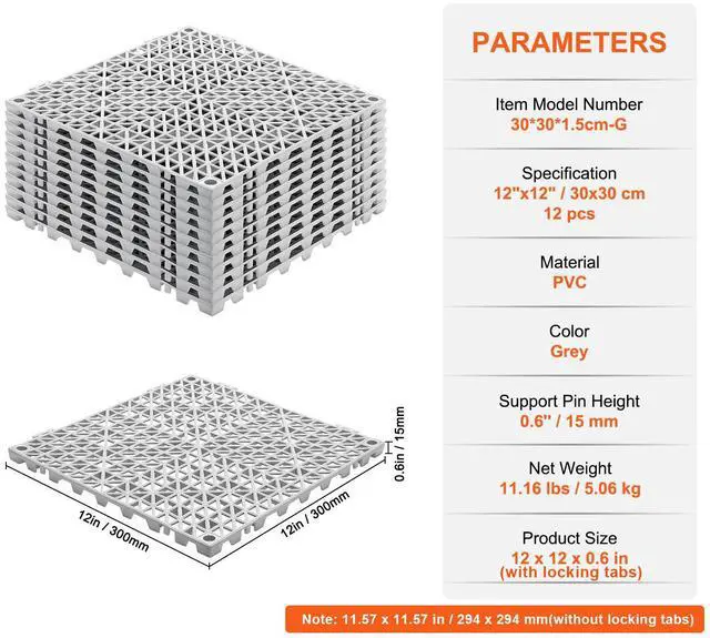 Alt view image 7 of 7 - Modular Interlocking Cushion, 12 Pack 12" x 12" Splicing Drainage Mats, Soft PVC Interlocking Drainage Floor Tiles, Non-Slip Drainage Holes for Restroom, Bathroom, Kitchen, Pool, Wet Areas, Gray