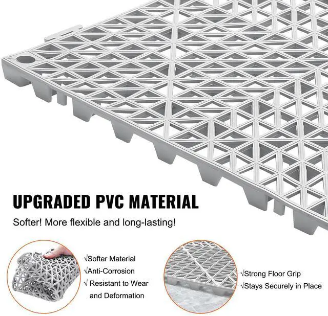 Alt view image 3 of 7 - Modular Interlocking Cushion, 12 Pack 12" x 12" Splicing Drainage Mats, Soft PVC Interlocking Drainage Floor Tiles, Non-Slip Drainage Holes for Restroom, Bathroom, Kitchen, Pool, Wet Areas, Gray
