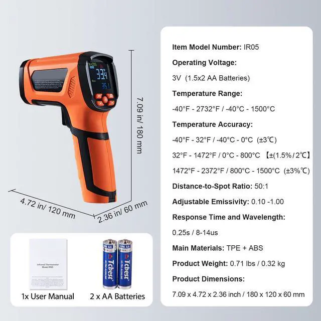 Alt view image 7 of 7 - Infrared Thermometer, -40~2732°F Dual Laser Temperature Gun Non-Contact, Handheld IR Heat Temperature Gun with Adjustable Emissivity for Metal Smelting/Cooking/Pizza Oven/Engine(Not for Human)