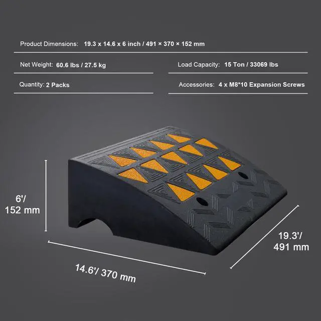 Alt view image 7 of 7 - Rubber Curb Ramp 2 Pack, 6" Rise Height Heavy-Duty 33069 lbs/15 T Capacity Threshold Ramps, Driveway Ramps with Stable Grid Structure for Cars, Wheelchairs, Bikes, Motorcycles