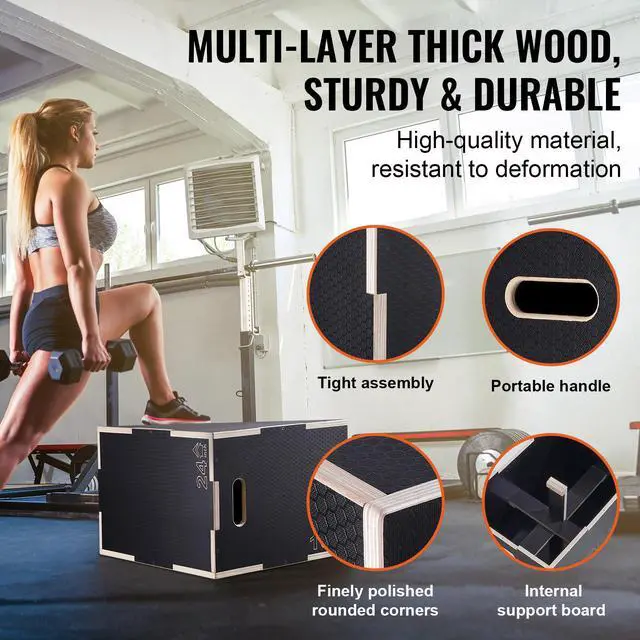 Alt view image 4 of 7 - 3 in 1 Plyometric Jump Box, 24/20/16 Inch Wooden Plyo Box, Platform & Jumping Agility Box, Anti-Slip Fitness Exercise Step Up Box for Home Gym Training, Conditioning Strength Training, Black