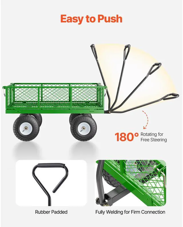 Alt view image 6 of 7 - 900 Lbs Steel Garden Cart on Wheels, Heavy Duty Pullable Garden Wagon Yard Cart, Outdoor Metal Utility Wagon with 10" Tires and Mesh Removable Sides(Convert to Flatbed), and 180°Rotating Handle