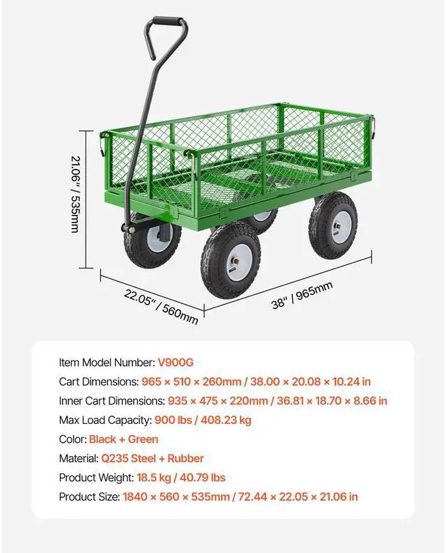 Alt view image 7 of 7 - 900 Lbs Steel Garden Cart on Wheels, Heavy Duty Pullable Garden Wagon Yard Cart, Outdoor Metal Utility Wagon with 10" Tires and Mesh Removable Sides(Convert to Flatbed), and 180°Rotating Handle