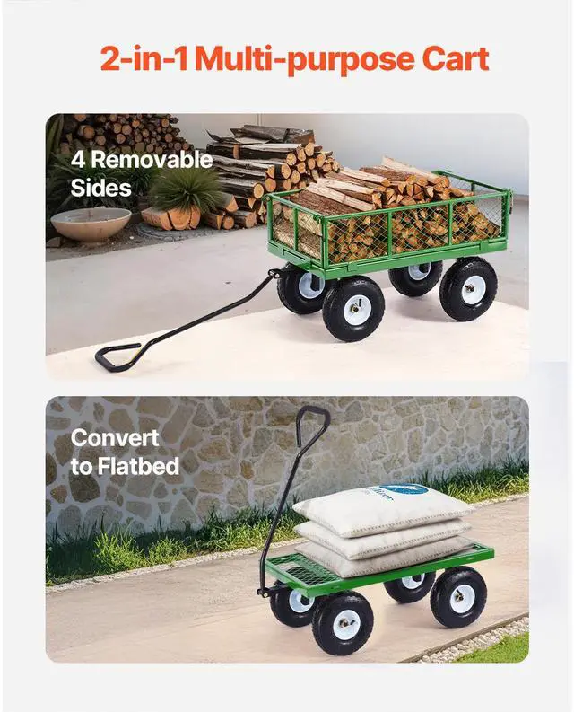 Alt view image 3 of 7 - 900 Lbs Steel Garden Cart on Wheels, Heavy Duty Pullable Garden Wagon Yard Cart, Outdoor Metal Utility Wagon with 10" Tires and Mesh Removable Sides(Convert to Flatbed), and 180°Rotating Handle