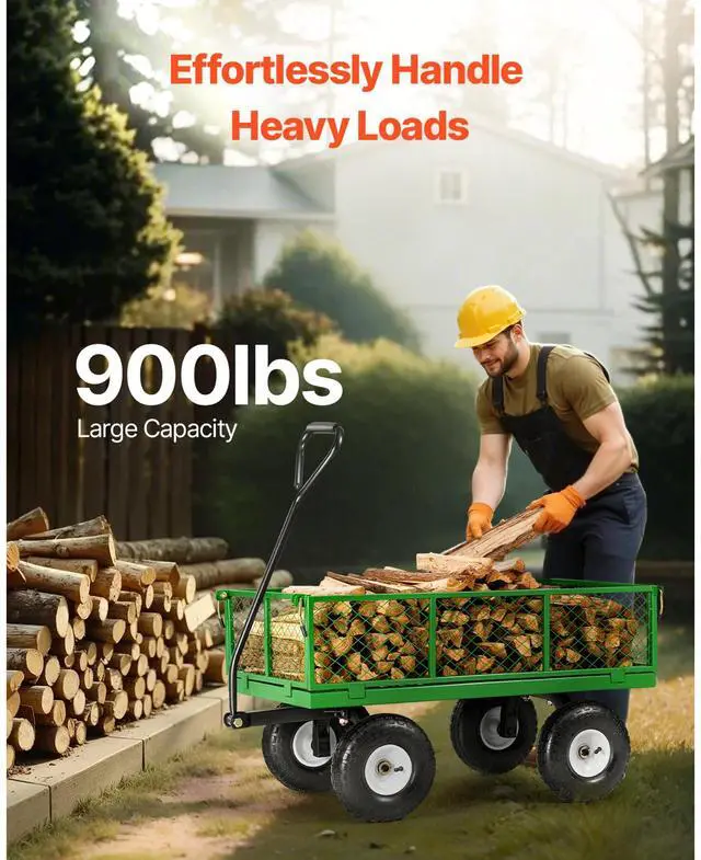 Alt view image 2 of 7 - 900 Lbs Steel Garden Cart on Wheels, Heavy Duty Pullable Garden Wagon Yard Cart, Outdoor Metal Utility Wagon with 10" Tires and Mesh Removable Sides(Convert to Flatbed), and 180°Rotating Handle