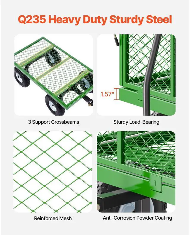 Alt view image 4 of 7 - 900 Lbs Steel Garden Cart on Wheels, Heavy Duty Pullable Garden Wagon Yard Cart, Outdoor Metal Utility Wagon with 10" Tires and Mesh Removable Sides(Convert to Flatbed), and 180°Rotating Handle