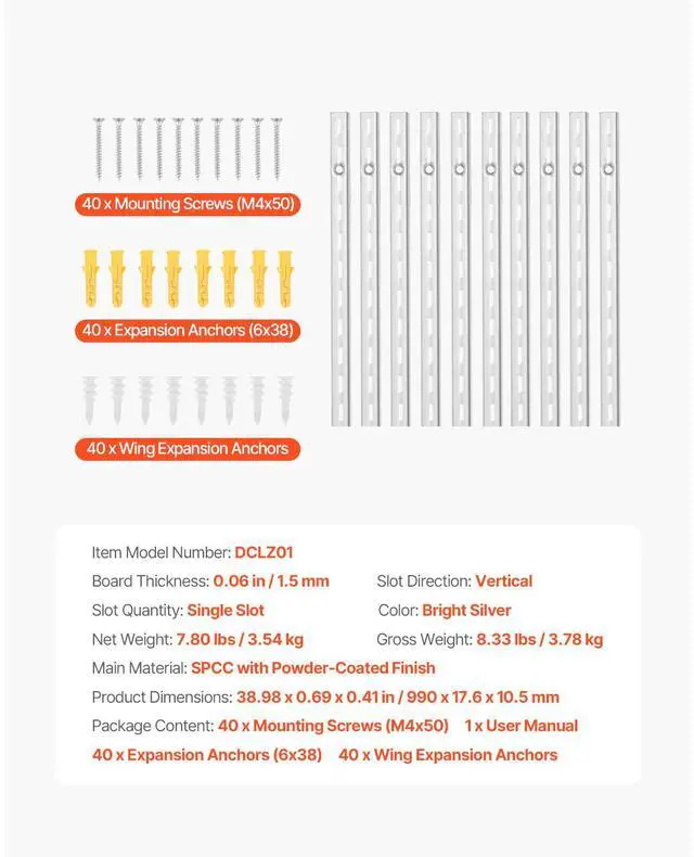 Alt view image 7 of 7 - Shelf Pilaster, 39-inch 10 Pack, Upright Wall Shelving System, Heavy Duty Support System Single Slot Shelf Rails, 40 Screws Included, Suitable for Cabinet Closet Organization Storage, Silver