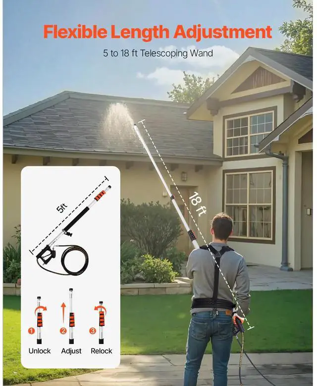 Alt view image 2 of 7 - VEVOR Pressure Washer Telescoping Wand 18 ft Brush Head Included Telescopic Spray Wand
