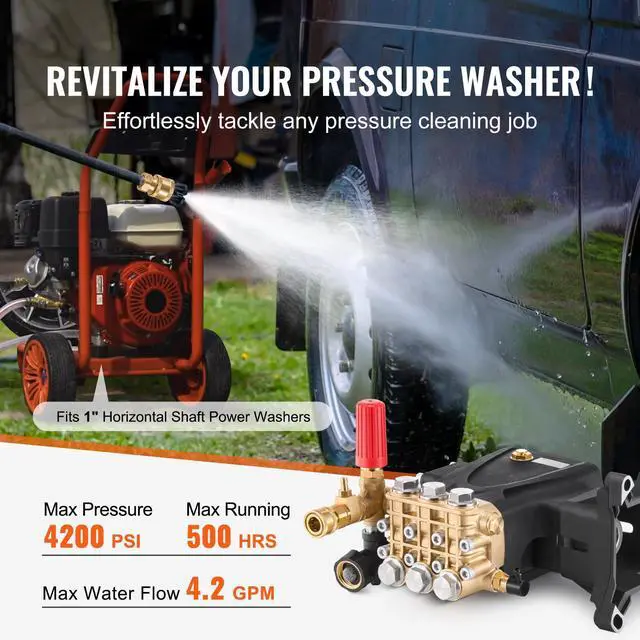 Alt view image 2 of 7 - Pressure Washer Pump, 1" Shaft Horizontal Triplex Plunger, 4200 PSI, 4.2GPM, Replacement Power Washer Pumps Kit with 5 Nozzles, Compatible with Simpson MorFlex 40224, 40225, 40226, Santoprene