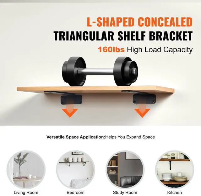 Alt view image 2 of 7 - VEVOR Shelf Bracket, 12L x 4W x 1.6H 6 Pcs, Heavy Duty Floating Shelf Brackets, Brackets for Shelves, 5mm Thick Matte Black L Shelf Bracket,Steel Shelving Brackets with 160 lbs Load Capacity