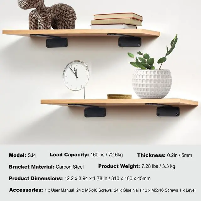 Alt view image 7 of 7 - VEVOR Shelf Bracket, 12L x 4W x 1.6H 6 Pcs, Heavy Duty Floating Shelf Brackets, Brackets for Shelves, 5mm Thick Matte Black L Shelf Bracket,Steel Shelving Brackets with 160 lbs Load Capacity