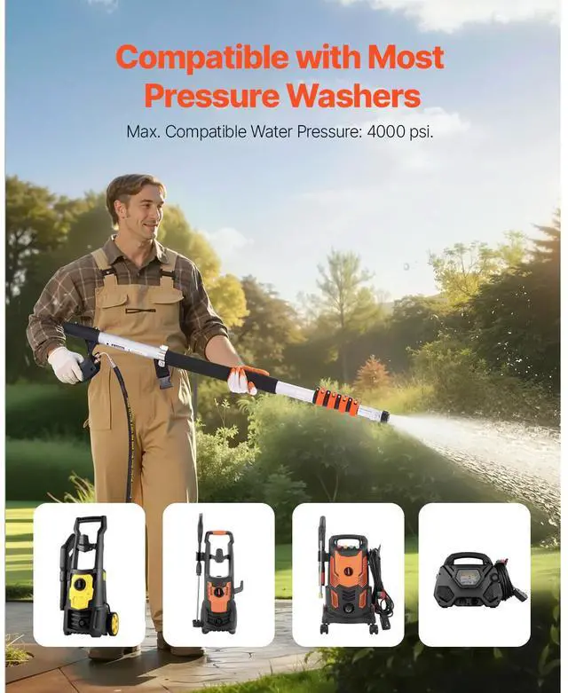 Alt view image 3 of 7 - Pressure Washer Telescoping Wand, 24 ft, 4000 psi, Telescopic Spray Wand with Power Washer Extension Wands, Gutter Cleaner, Brush Head, Pivoting Coupler, 7 Spray Nozzles and Support Harness