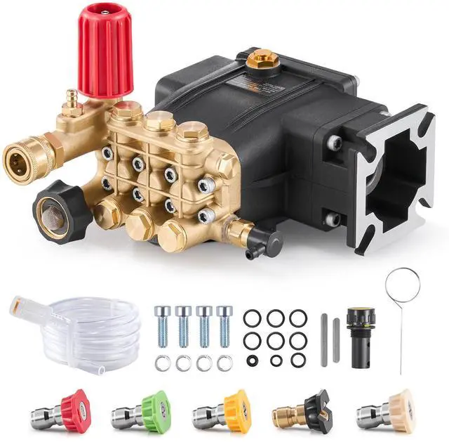 Main image of Pressure Washer Pump, 3/4" Shaft Horizontal Triplex Plunger, 3300 PSI, 2.5GPM, Replacement Power Washer Pumps Kit with 5 Nozzles, Compatible with Simpson MorFlex 40224, 40225, 40226, Santoprene