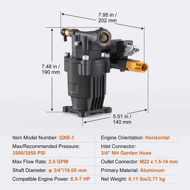 Alt view image 7 of 7 - Pressure Washer Pump, 3/4" Shaft Horizontal, 3500 PSI, 2.5GPM, Replacement Power Washer Pumps Kit with 5 Nozzles, Hardware and Siphon Tube, Compatible with Simpson, Honda, Troy-Bilt, Generac