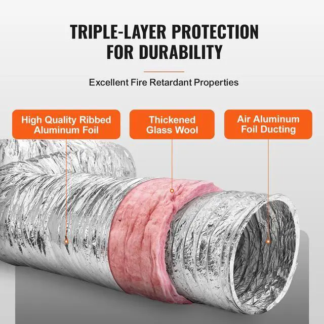 Alt view image 3 of 7 - Dryer Vent Hose, 4'' Insulated Flexible Duct 25FT Long with 2 Duct Clamps, Heavy-Duty Three Layer Protection for HVAC Heating Cooling Ventilation and Exhaust, R-6.0 Flame Resistance Value