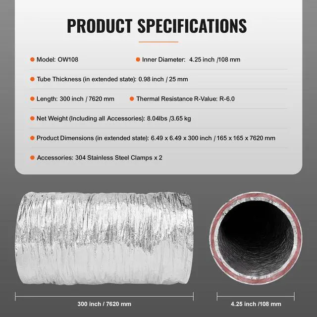 Alt view image 7 of 7 - Dryer Vent Hose, 4'' Insulated Flexible Duct 25FT Long with 2 Duct Clamps, Heavy-Duty Three Layer Protection for HVAC Heating Cooling Ventilation and Exhaust, R-6.0 Flame Resistance Value