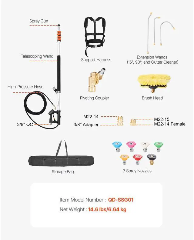 Alt view image 7 of 7 - Pressure Washer Telescoping Wand, 24 ft, 4000 psi, Telescopic Spray Wand with Power Washer Extension Wands, Gutter Cleaner, Brush Head, Pivoting Coupler, 7 Spray Nozzles and Support Harness