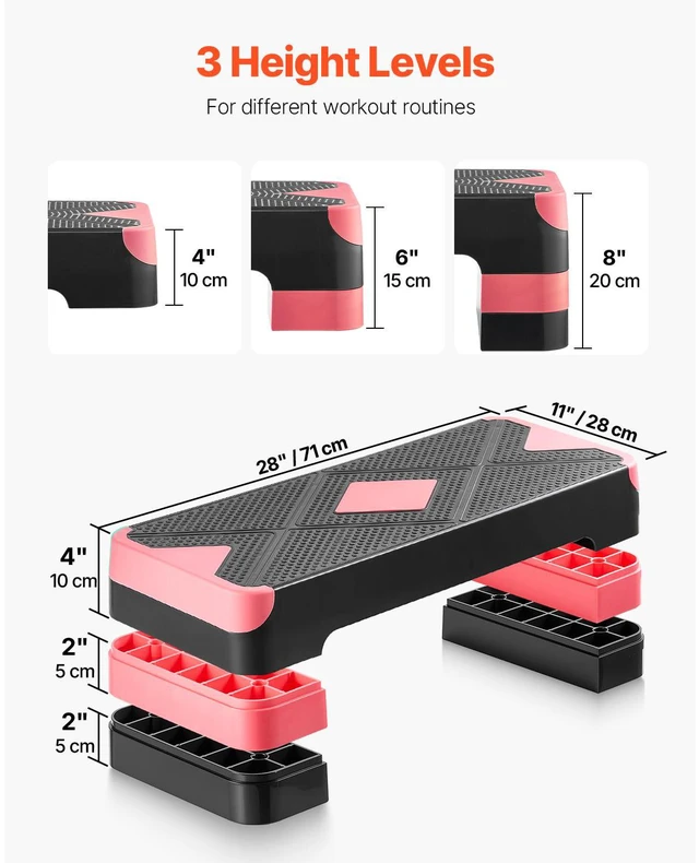 Alt view image 4 of 7 - Aerobic Exercise Step Platform, 28-Inch Workout Aerobic Stepper, Height Adjustable Fitness Training Step Deck Trainer with 4 Risers, Non-Slip Surface Bench for Home Gym Cardio Strength, Red