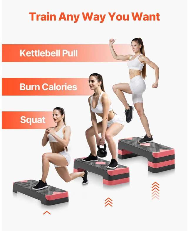 Alt view image 6 of 7 - Aerobic Exercise Step Platform, 28-Inch Workout Aerobic Stepper, Height Adjustable Fitness Training Step Deck Trainer with 4 Risers, Non-Slip Surface Bench for Home Gym Cardio Strength, Red