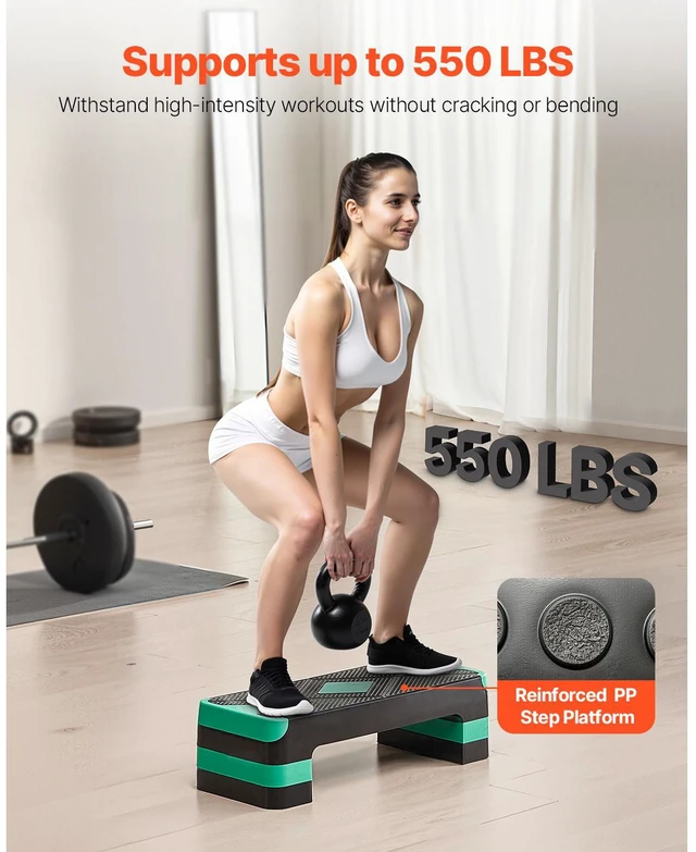 Alt view image 2 of 7 - Aerobic Exercise Step Platform, 28-Inch Workout Aerobic Stepper, Height Adjustable Fitness Training Step Deck Trainer with 4 Risers, Non-Slip Surface Bench for Home Gym Cardio Strength, Green