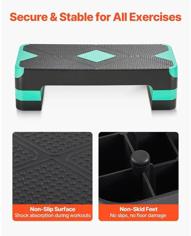 Alt view image 3 of 7 - Aerobic Exercise Step Platform, 28-Inch Workout Aerobic Stepper, Height Adjustable Fitness Training Step Deck Trainer with 4 Risers, Non-Slip Surface Bench for Home Gym Cardio Strength, Green