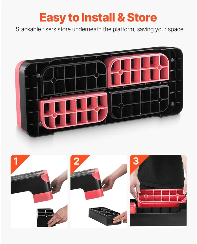 Alt view image 5 of 7 - Aerobic Exercise Step Platform, 28-Inch Workout Aerobic Stepper, Height Adjustable Fitness Training Step Deck Trainer with 4 Risers, Non-Slip Surface Bench for Home Gym Cardio Strength, Red