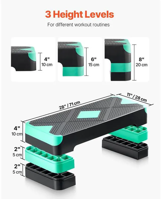 Alt view image 4 of 7 - Aerobic Exercise Step Platform, 28-Inch Workout Aerobic Stepper, Height Adjustable Fitness Training Step Deck Trainer with 4 Risers, Non-Slip Surface Bench for Home Gym Cardio Strength, Green