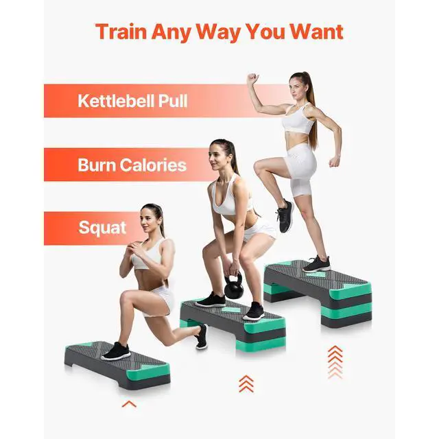 Alt view image 6 of 7 - Aerobic Exercise Step Platform, 28-Inch Workout Aerobic Stepper, Height Adjustable Fitness Training Step Deck Trainer with 4 Risers, Non-Slip Surface Bench for Home Gym Cardio Strength, Green