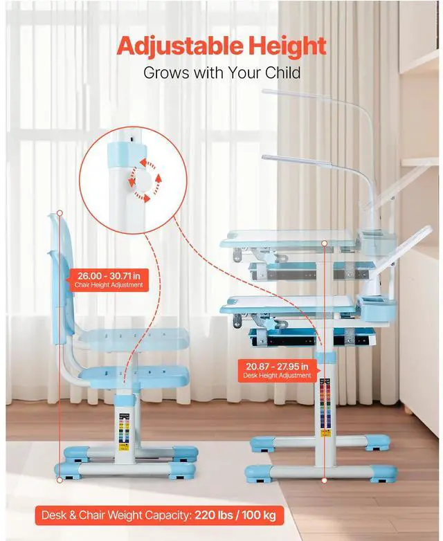 Alt view image 2 of 7 - Kids Study Chair and Desk Set, Study Desk and Chair for Kids with Table Lamp, Adjustable Height & 0-40° Tilted Desktop Kids Desk and Chair, Children Study Table for Bedroom & Study Room, Blue