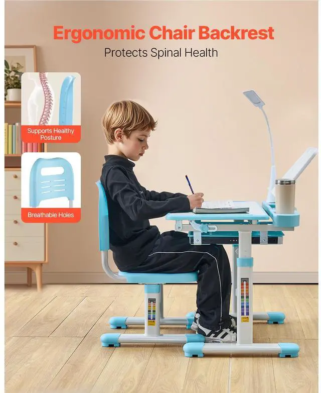 Alt view image 4 of 7 - Kids Study Chair and Desk Set, Study Desk and Chair for Kids with Table Lamp, Adjustable Height & 0-40° Tilted Desktop Kids Desk and Chair, Children Study Table for Bedroom & Study Room, Blue