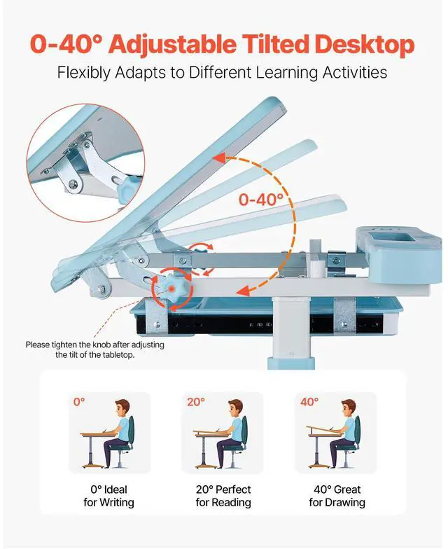 Alt view image 3 of 7 - Kids Study Chair and Desk Set, Study Desk and Chair for Kids with Table Lamp, Adjustable Height & 0-40° Tilted Desktop Kids Desk and Chair, Children Study Table for Bedroom & Study Room, Blue