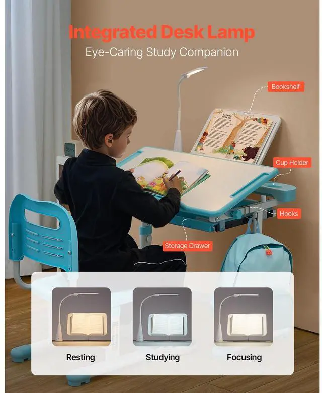 Alt view image 5 of 7 - Kids Study Chair and Desk Set, Study Desk and Chair for Kids with Table Lamp, Adjustable Height & 0-40° Tilted Desktop Kids Desk and Chair, Children Study Table for Bedroom & Study Room, Blue