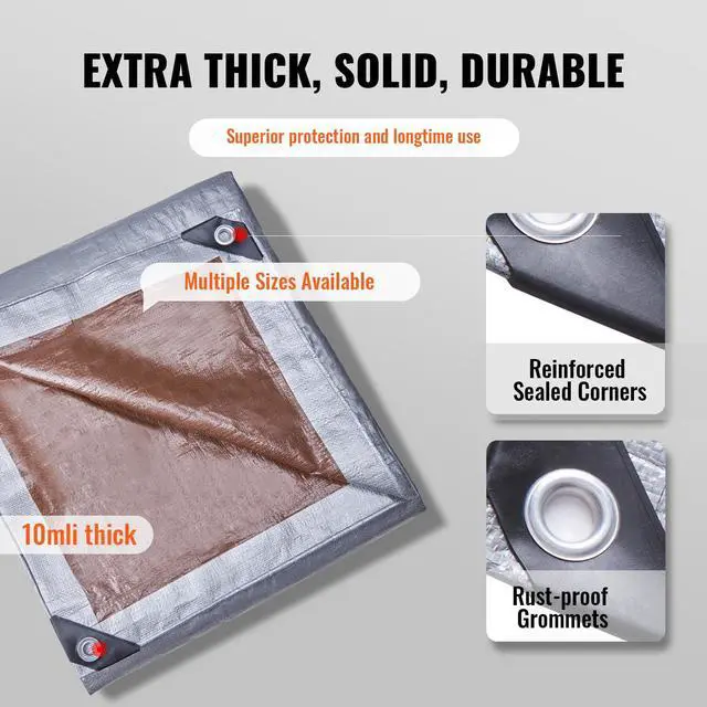 Alt view image 3 of 7 - Tarp Waterproof 16x20 ft, Plastic Poly Tarp Cover 10 Mil, Multi Purpose Tear UV and Temperature Resistant Outdoor Tarpaulin with High Durability Reinforced Grommets (Silver/Brown)