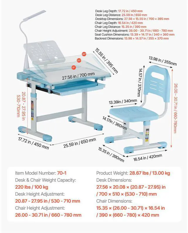 Alt view image 7 of 7 - Kids Study Chair and Desk Set, Study Desk and Chair for Kids with Table Lamp, Adjustable Height & 0-40° Tilted Desktop Kids Desk and Chair, Children Study Table for Bedroom & Study Room, Blue