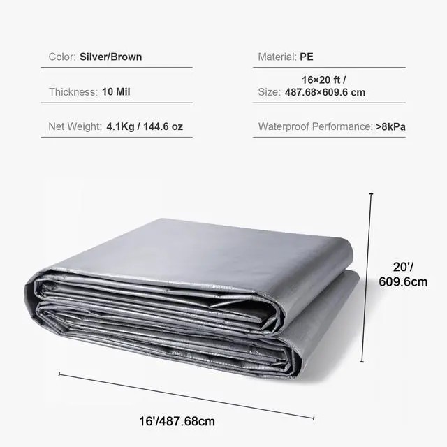 Alt view image 7 of 7 - Tarp Waterproof 16x20 ft, Plastic Poly Tarp Cover 10 Mil, Multi Purpose Tear UV and Temperature Resistant Outdoor Tarpaulin with High Durability Reinforced Grommets (Silver/Brown)
