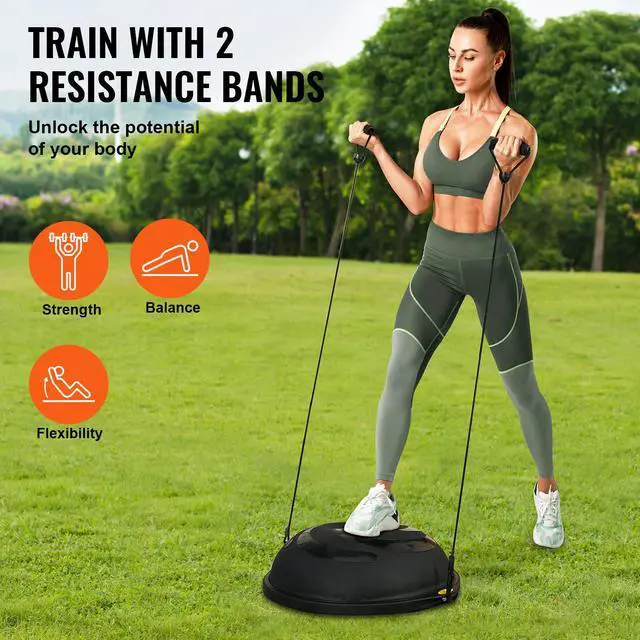 Alt view image 3 of 7 - Half Exercise Ball Trainer, 26 inch Balance Ball Trainer, 1500lbs Capacity Stability Ball, Yoga Ball with Resistance Bands & Foot Pump, Strength Fitness Ball for Home Gym Full Body Workout Black