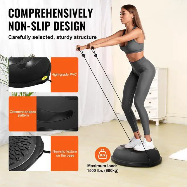 Alt view image 4 of 7 - Half Exercise Ball Trainer, 26 inch Balance Ball Trainer, 1500lbs Capacity Stability Ball, Yoga Ball with Resistance Bands & Foot Pump, Strength Fitness Ball for Home Gym Full Body Workout Black