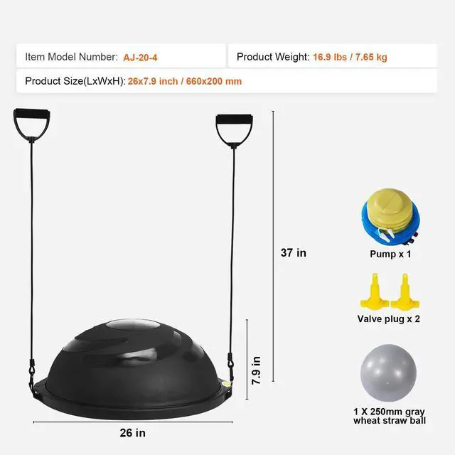 Alt view image 7 of 7 - Half Exercise Ball Trainer, 26 inch Balance Ball Trainer, 1500lbs Capacity Stability Ball, Yoga Ball with Resistance Bands & Foot Pump, Strength Fitness Ball for Home Gym Full Body Workout Black