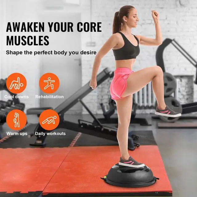 Alt view image 2 of 7 - Half Exercise Ball Trainer, 26 inch Balance Ball Trainer, 1500lbs Capacity Stability Ball, Yoga Ball with Resistance Bands & Foot Pump, Strength Fitness Ball for Home Gym Full Body Workout Black