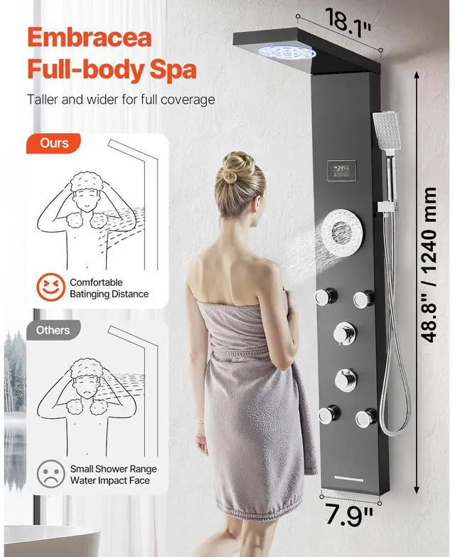 Alt view image 2 of 7 - Shower Panel Tower System with Rainfall Shower Head, LED, 53 in Brushed Stainless Steel Shower Column, 6-Function Faucet, Wall-Mount Rain Massage System with 5 Body Jets, Handheld, Tub Spout