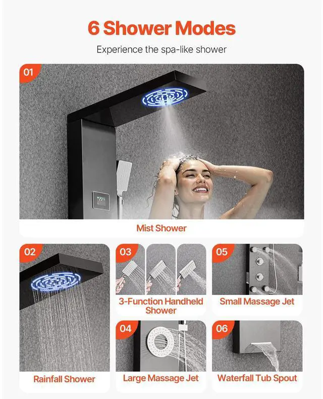 Alt view image 3 of 7 - Shower Panel Tower System with Rainfall Shower Head, LED, 53 in Brushed Stainless Steel Shower Column, 6-Function Faucet, Wall-Mount Rain Massage System with 5 Body Jets, Handheld, Tub Spout