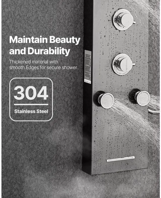 Alt view image 6 of 7 - Shower Panel Tower System with Rainfall Shower Head, LED, 53 in Brushed Stainless Steel Shower Column, 6-Function Faucet, Wall-Mount Rain Massage System with 5 Body Jets, Handheld, Tub Spout