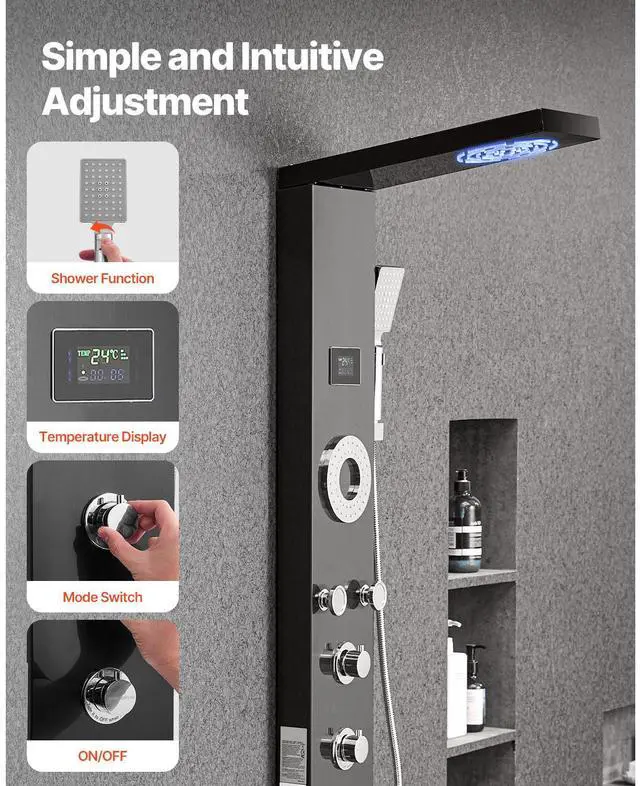 Alt view image 5 of 7 - Shower Panel Tower System with Rainfall Shower Head, LED, 53 in Brushed Stainless Steel Shower Column, 6-Function Faucet, Wall-Mount Rain Massage System with 5 Body Jets, Handheld, Tub Spout