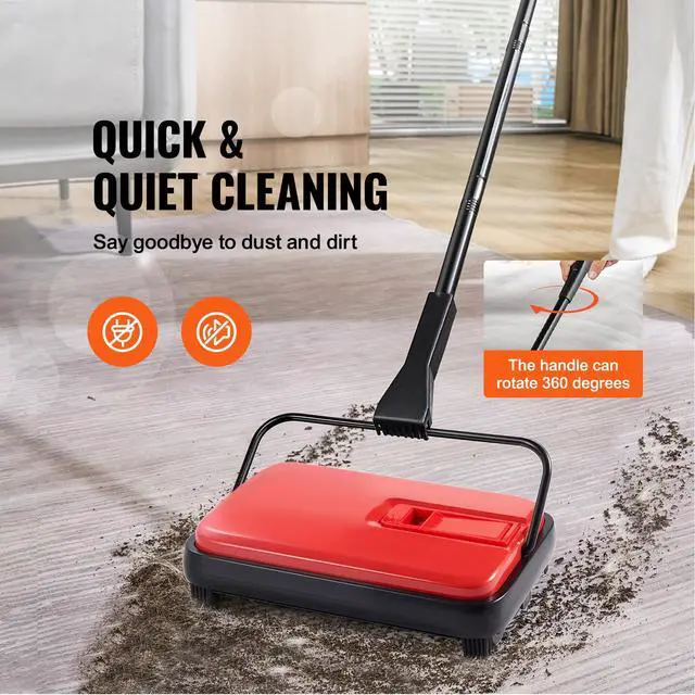 Alt view image 2 of 7 - Carpet Sweeper Manual, Floor Sweeper with 300 ml Dustbin Capacity Easy to Empty, 6.7 inch Cleaning Width for Home Office Carpets Pet Hair Dust, Red