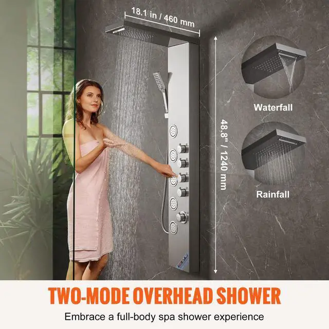Alt view image 2 of 7 - Shower Panel System, 4 Shower Modes Shower Panel Tower, Rainfall, Waterfall, 5 Full Body Massage Jets and 3-Setting Handheld Shower Head with 59" Hose, Stainless Steel Wall-Mounted Shower Set