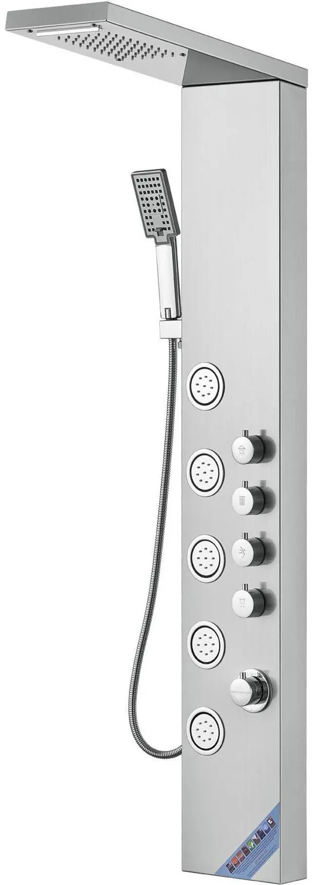 Main image of Shower Panel System, 4 Shower Modes Shower Panel Tower, Rainfall, Waterfall, 5 Full Body Massage Jets and 3-Setting Handheld Shower Head with 59" Hose, Stainless Steel Wall-Mounted Shower Set
